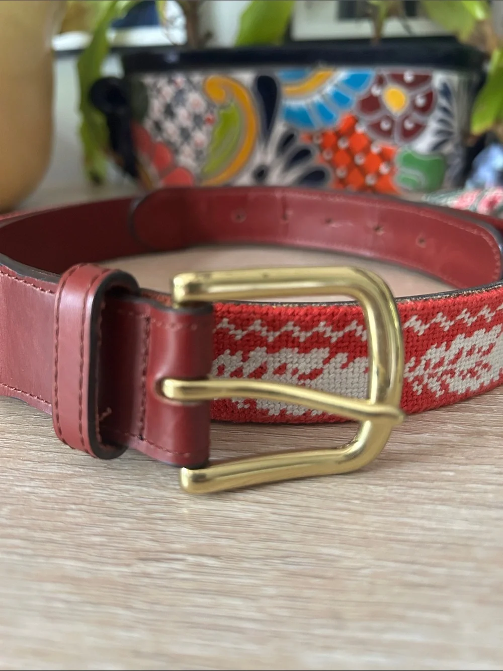 Tucker Blair Needlepoint Preppy Belt with Leather Trim and Brass Buckle - 40